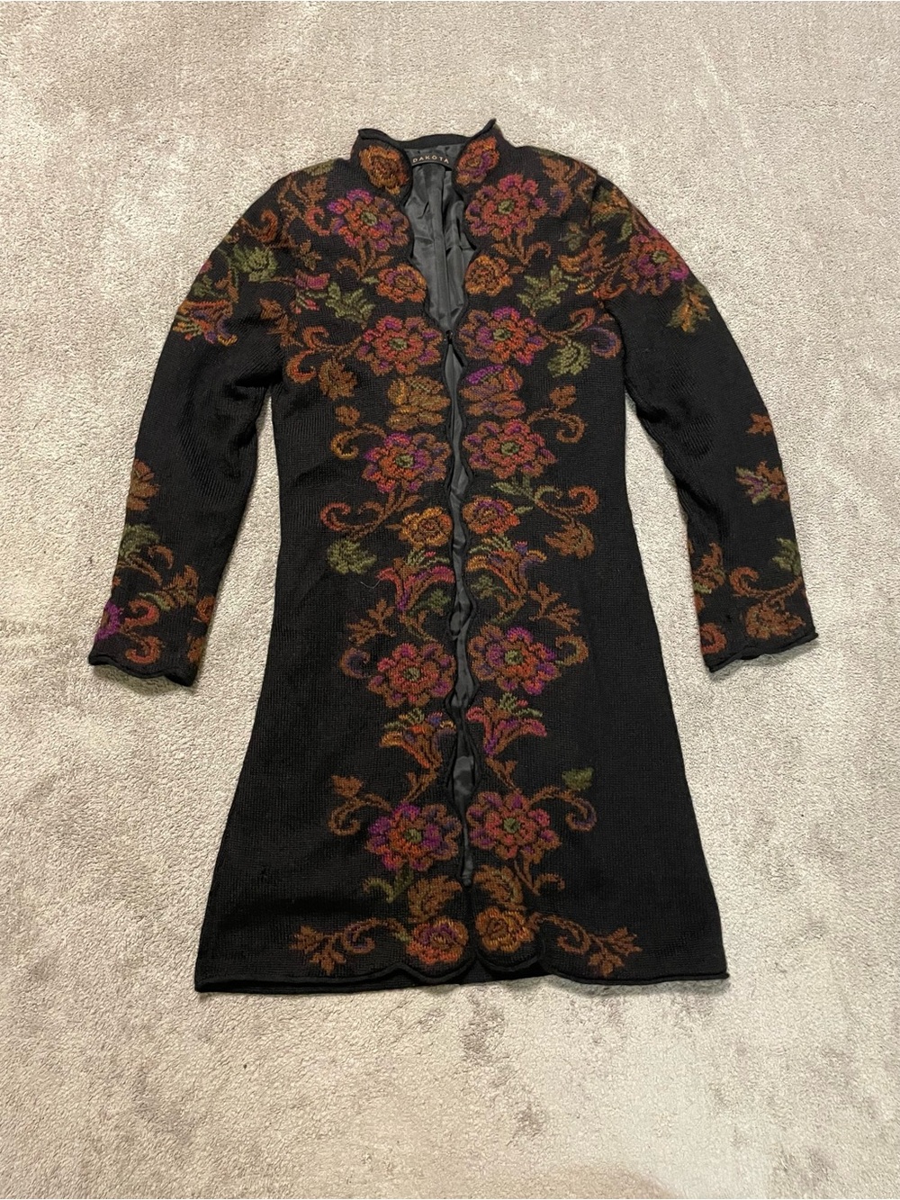 Vintage Dakota 100% Alpaca Long Cardigan Women’s S Floral Hand Loomed Bolivia